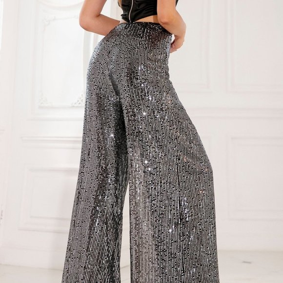 Black Preppy Womens High Waist Fold Pleated Detail Sequin Wide Leg Pants - Picture 2 of 6